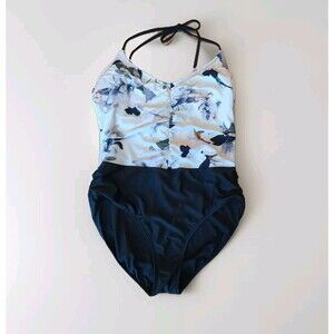 Athleta Polynesia One Piece Swimsuit Womens Medium Off White Floral Halter